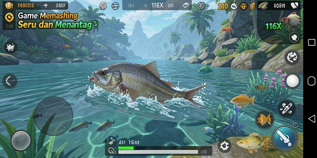 Screenshot gameplay 116X yang menampilkan aksi memancing seru di bawah laut.