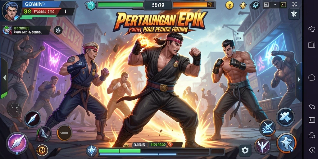Screenshot gameplay yang intens dari GOWIN, menampilkan pertarungan yang menegangkan.