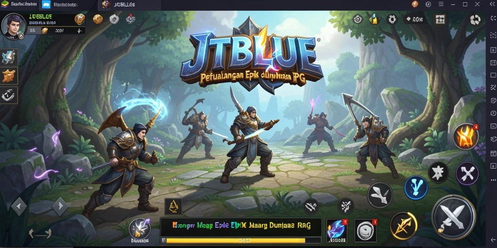 Screenshot gameplay JTBLUE menampilkan pertempuran epik dalam dunia fantasi.