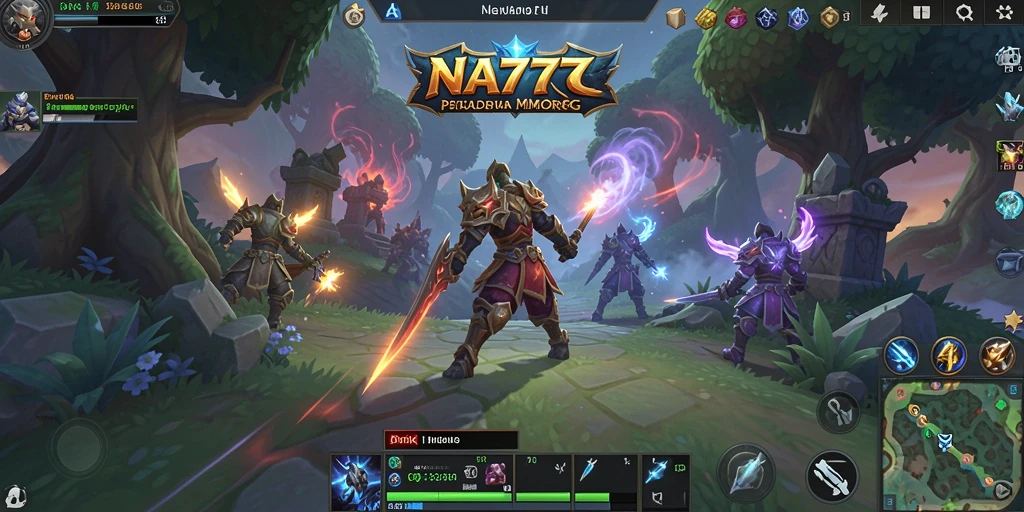 Screenshot utama menunjukkan aksi pertarungan epik dalam NA777 MMORPG.