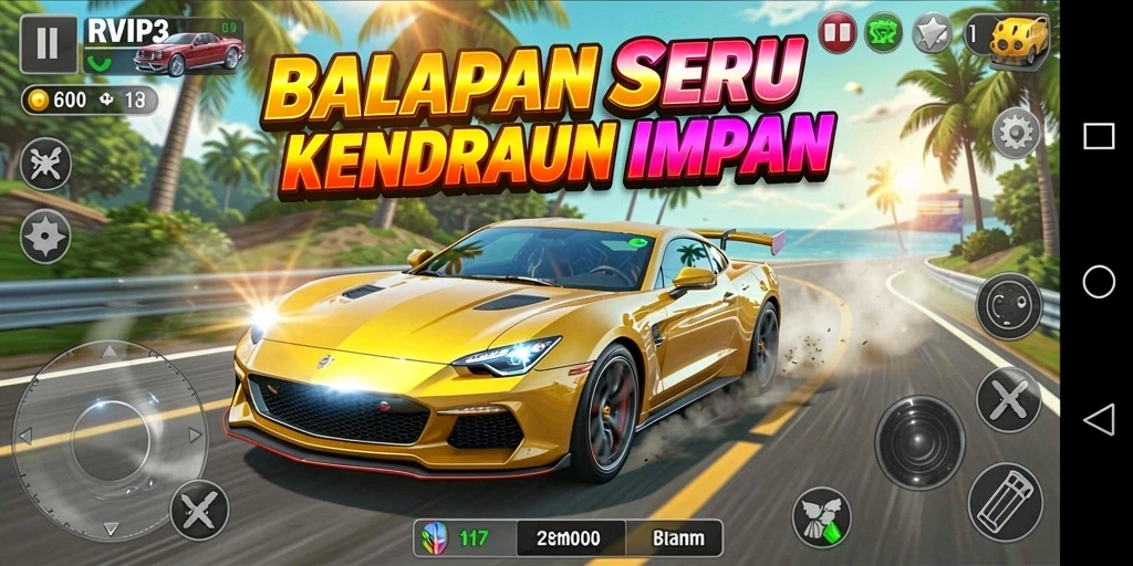 Screenshot utama dari gameplay Racing RVIP3 yang menampilkan aksi balapan.
