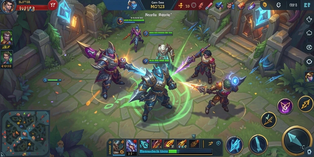 Screenshot gameplay SLOT123 menampilkan aksi seru di arena MOBA.