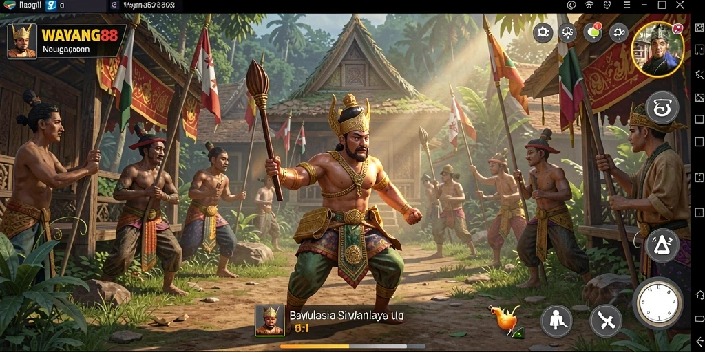 Tampilan gameplay <strong>WAYANG88</strong> yang menonjolkan karakter wayang dalam aksi.