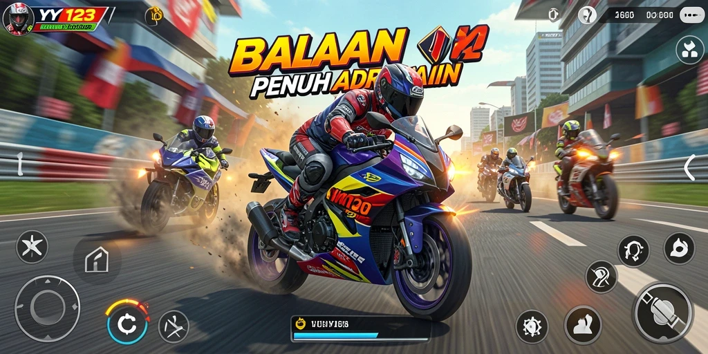 Gameplay YY123 menampilkan balapan motor cepat di trek menantang.